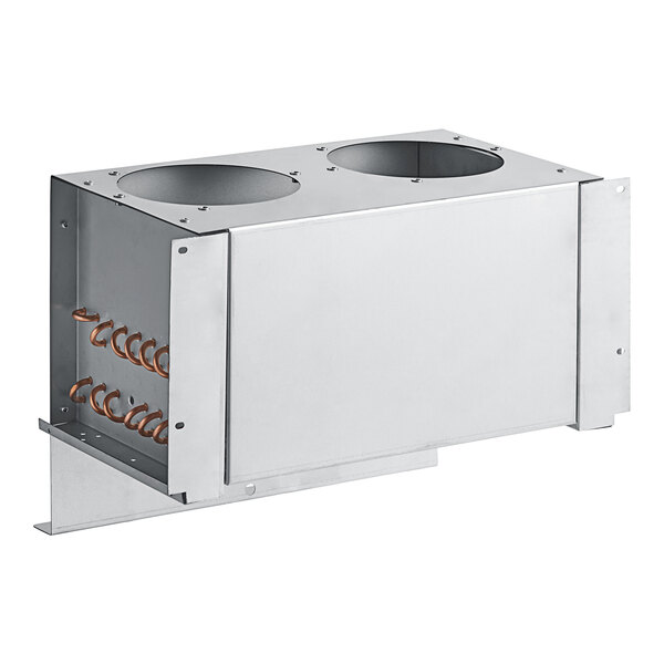 A silver metal box with two copper coils.