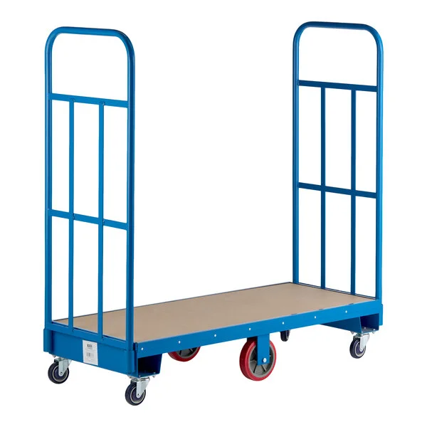 A blue heavy-duty U-boat utility cart with a wooden platform and metal railings on both ends.