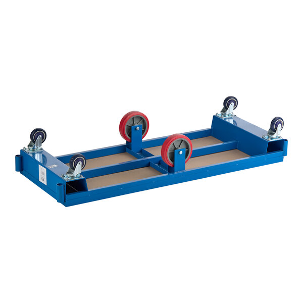 A blue heavy-duty U-boat utility cart with a wooden base and six wheels.