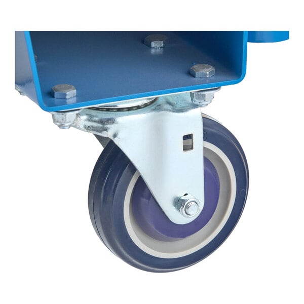 A close-up view of a caster wheel attached to a blue heavy-duty utility cart.