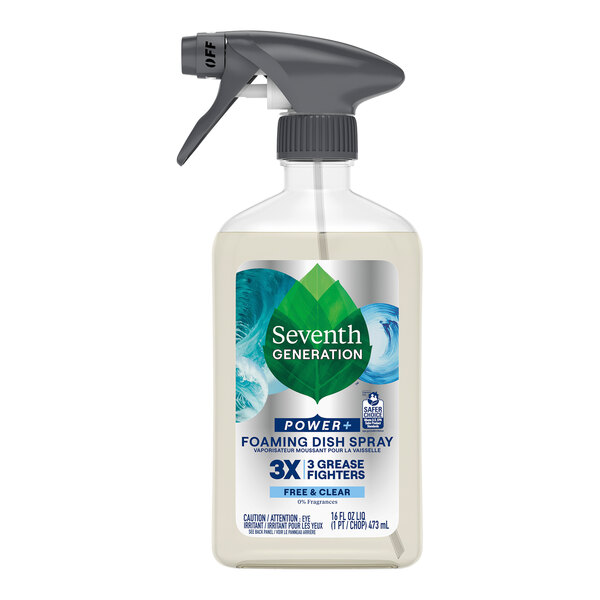 A Seventh Generation Free & Clear foaming dish spray bottle with a black lid and handle.