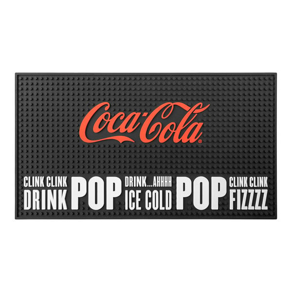 A black Tablecraft bar mat with white Coca-Cola text reading "CLINK CLINK".