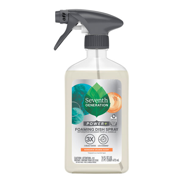 A Seventh Generation spray bottle of liquid with a white label and white liquid. The label reads "Mandarin Orange Scent."