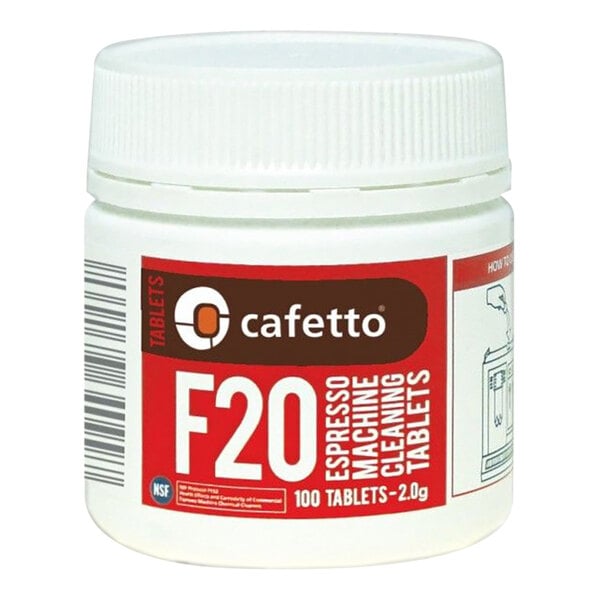 A white plastic container of Cafetto F20 Espresso Machine Cleaning Tablets with a red label.