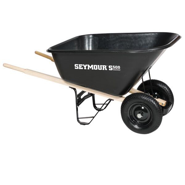A black Seymour wheelbarrow with white text on the side and 2 wheels.