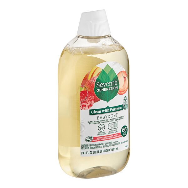 A Seventh Generation bottle of mango and mandarin ultra-concentrated laundry detergent with a label.