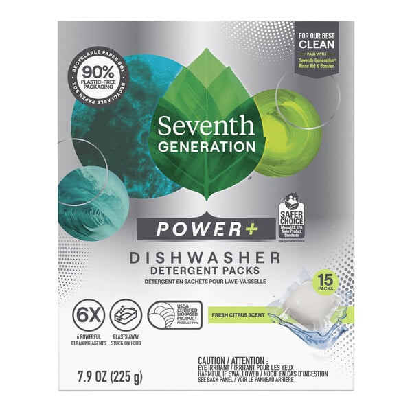 A package of Seventh Generation Power dishwasher detergent packs with a leaf on the package.