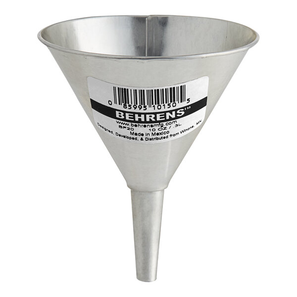 A silver Behrens funnel with a bar code on it.