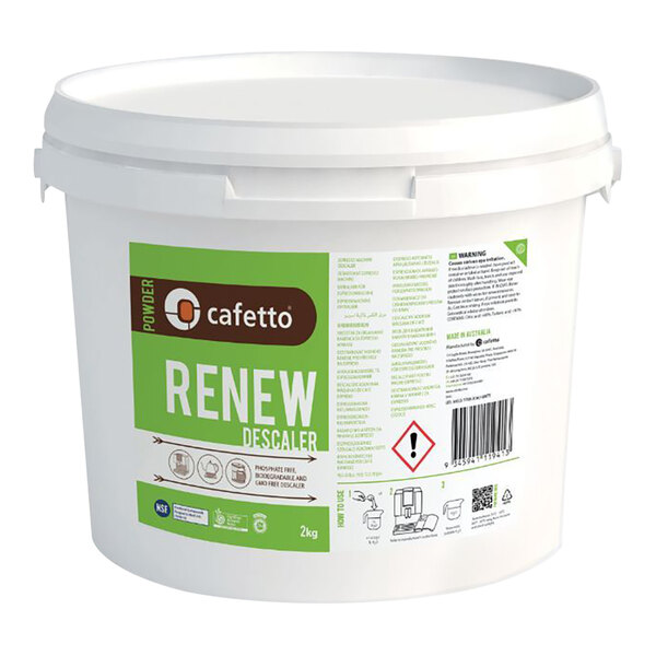 A white bucket of Cafetto Renew descaling powder with a green label.