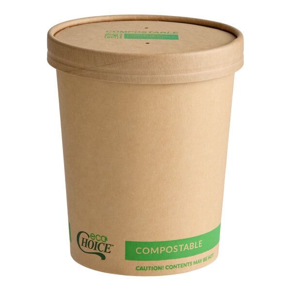 A 32 oz. kraft paper food cup with a vented lid labeled as compostable.