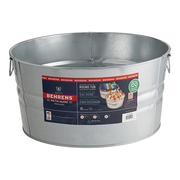 A Behrens galvanized metal tub with a label.