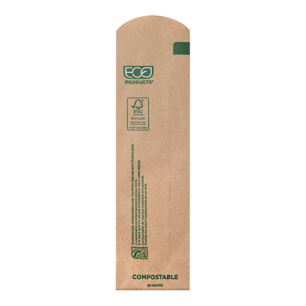 A brown rectangle shaped cardboard box with green text that reads "Eco-Products Kraft Compostable Silverware / Bakery Bag"