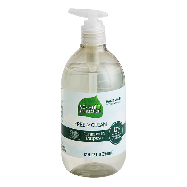 A Seventh Generation plastic bottle of Free & Clear hand soap with a pump.