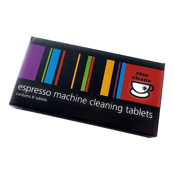 A black rectangular box of Cino Cleano espresso machine cleaning tablets with colorful stripes and a white logo.