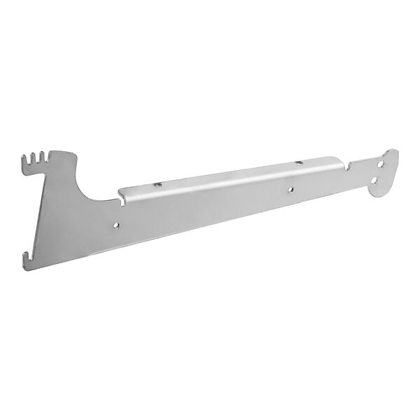 A white metal Avantco shelf bracket with holes.