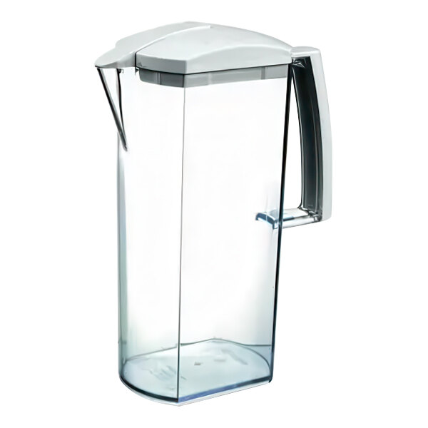 An Araven clear plastic pitcher with a white lid.