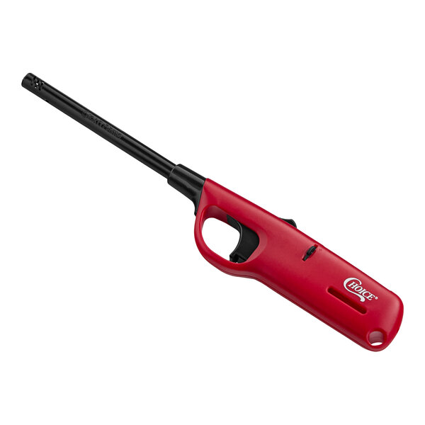 A red Choice multi-purpose lighter with a black handle.