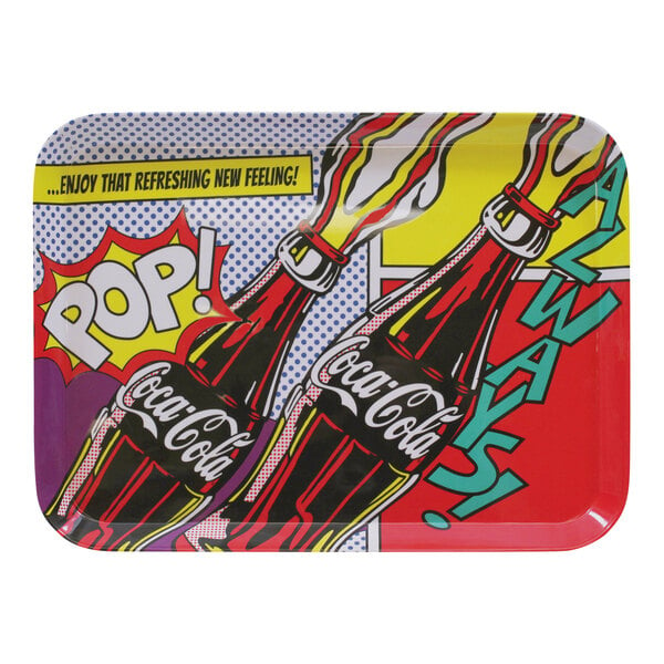 A Tablecraft rectangular melamine tray with a Coca-Cola pop art design.