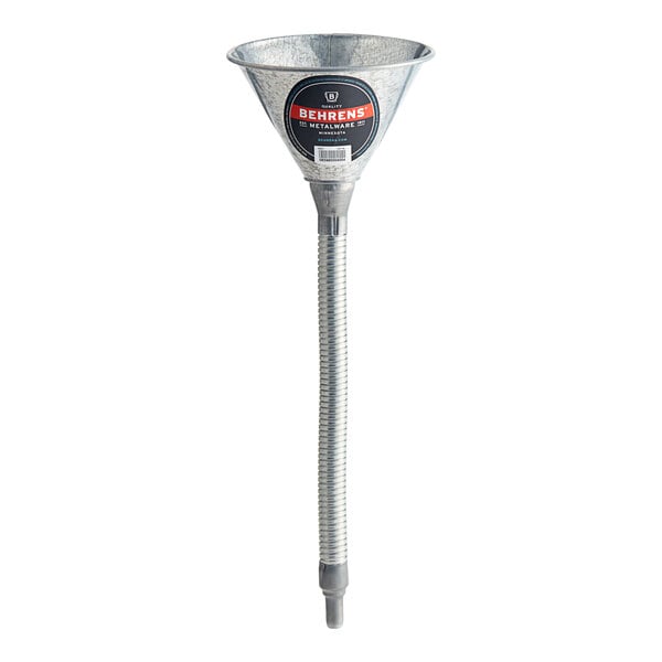 A Behrens galvanized steel funnel with a flexible metal spout.