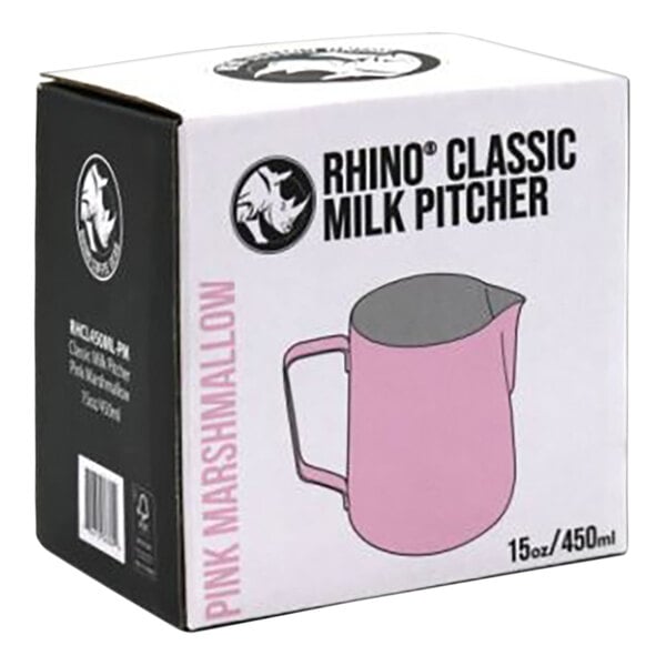 A black box with a pink Rhino Coffee Gear milk pitcher inside.