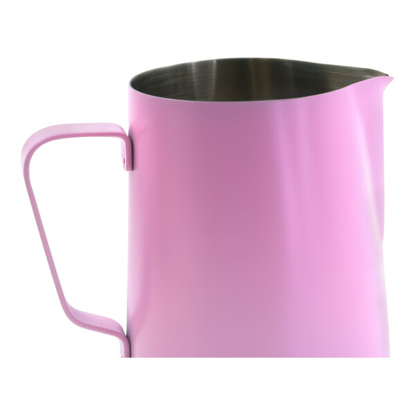 A Rhino Coffee Gear pink stainless steel milk pitcher with a metal handle.