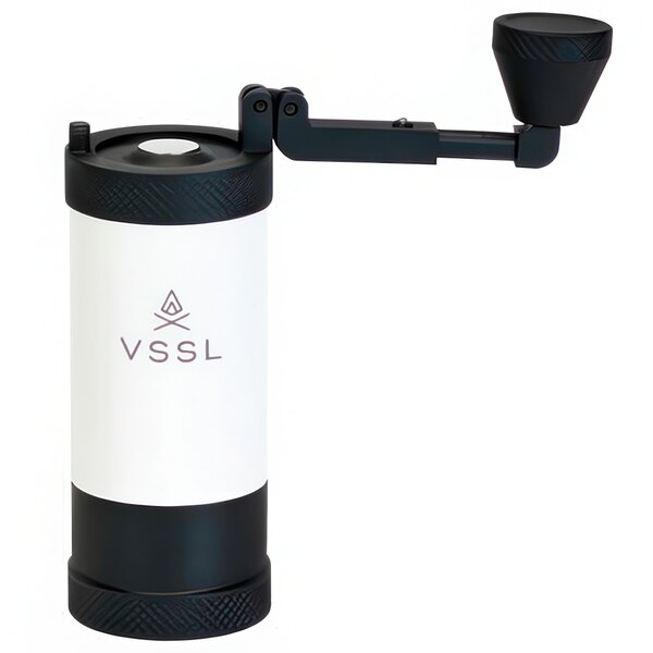 A white VSSL coffee grinder with black and white accents.