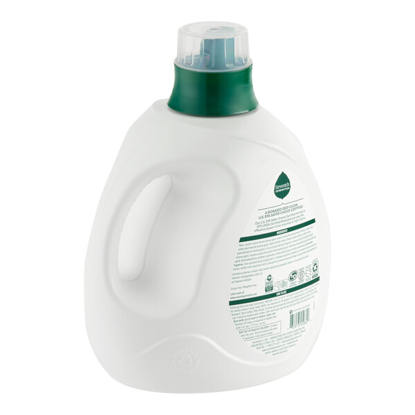 A large white plastic bottle of Seventh Generation lavender liquid laundry detergent with a green cap and handle.