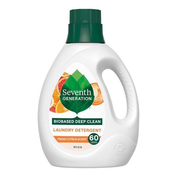 A white bottle of Seventh Generation citrus liquid laundry detergent with a green label and lid.