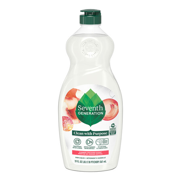 A plastic bottle of Seventh Generation dish soap with apple and peach on the label.