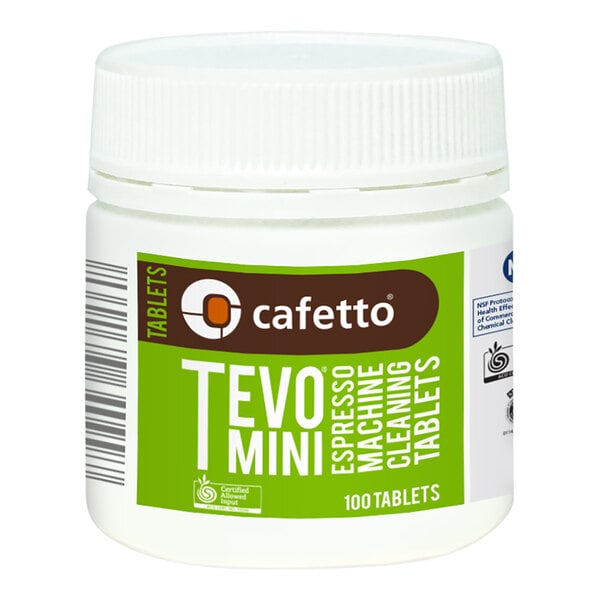 A white plastic container of Cafetto TEVO MINI Espresso Machine Cleaning Tablets with a green label.