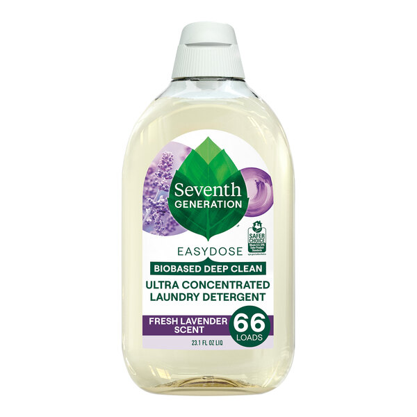 A bottle of Seventh Generation lavender ultra-concentrated laundry detergent with a white label and cap.