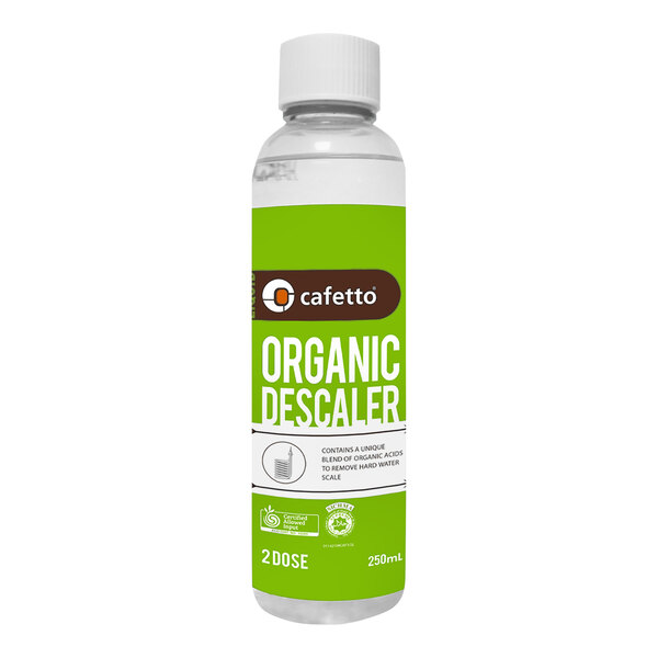 A bottle of Cafetto organic liquid coffee equipment descaler with a green and white label and a white cap.