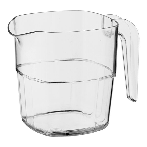 A clear plastic Araven pitcher with a handle.