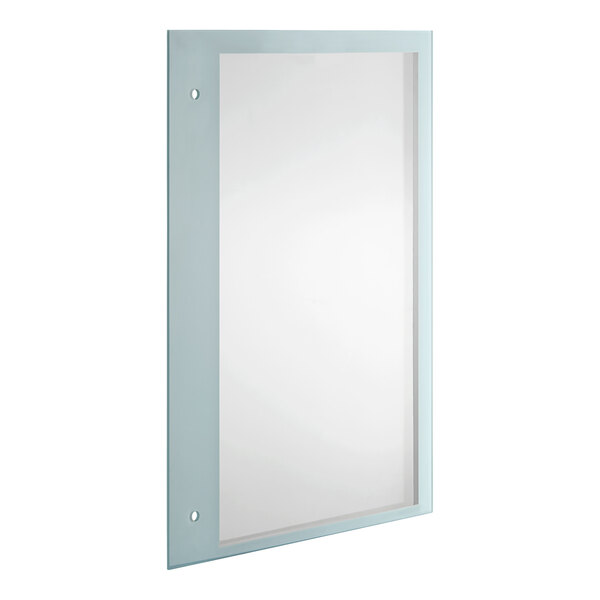 A rectangular mirror with a white frame and a blue border.