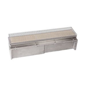 A metal box with a rectangular lid and a grid.