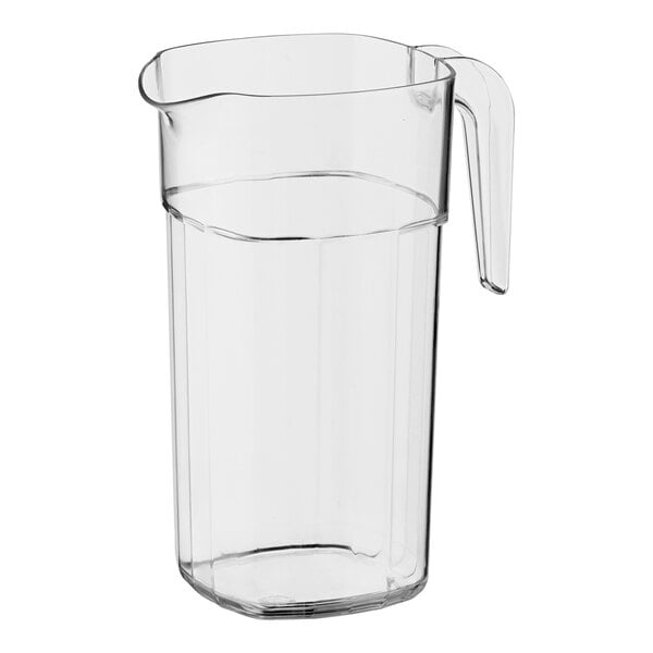 An Araven clear polycarbonate pitcher with a handle.