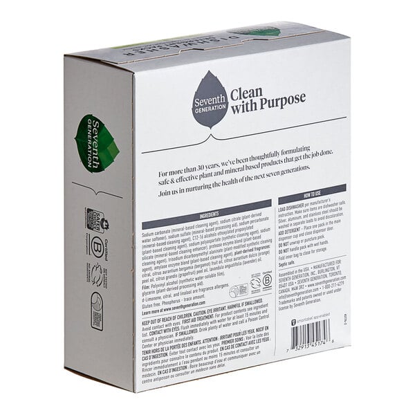 A white box of Seventh Generation Free & Clear Dishwasher Detergent Packs with black and green labels.