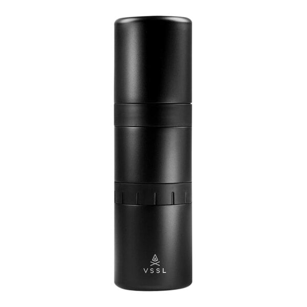 A black cylindrical VSSL pour over coffee set with a black lid.