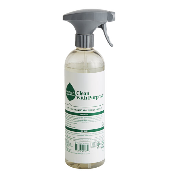 A clear spray bottle of Seventh Generation Lemon Chamomile All-Purpose Cleaner with a grey label.