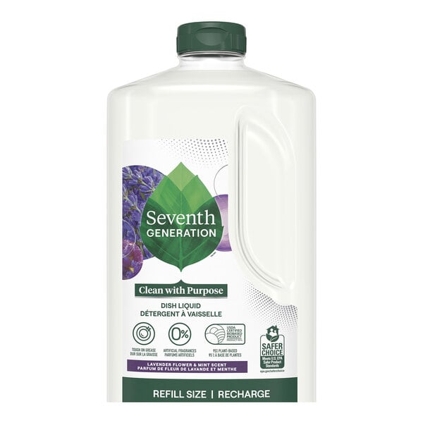 A white plastic container of Seventh Generation Lavender and Mint dish liquid with a green label.