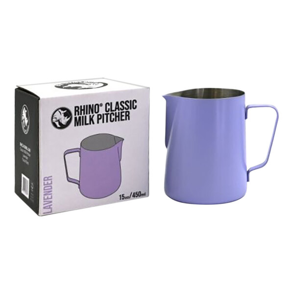 A lavender stainless steel milk pitcher and box.