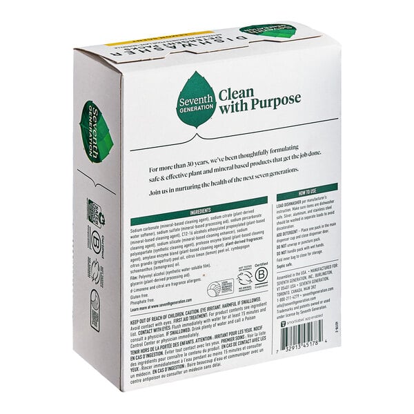 A white box of Seventh Generation Lemon Dishwasher Detergent packs with green and black text.