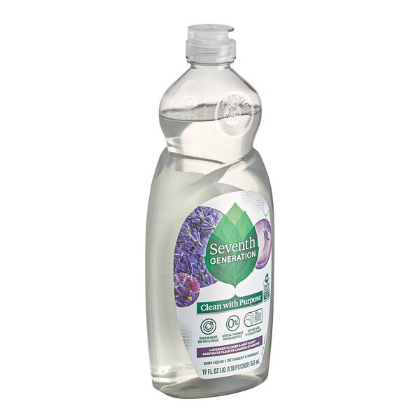 A plastic bottle of Seventh Generation Lavender Flower and Mint dish soap with a label.