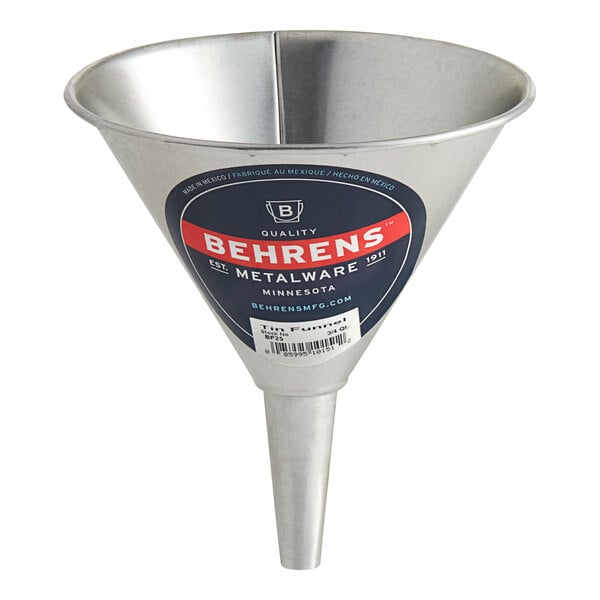 A silver Behrens tin funnel with a handle.