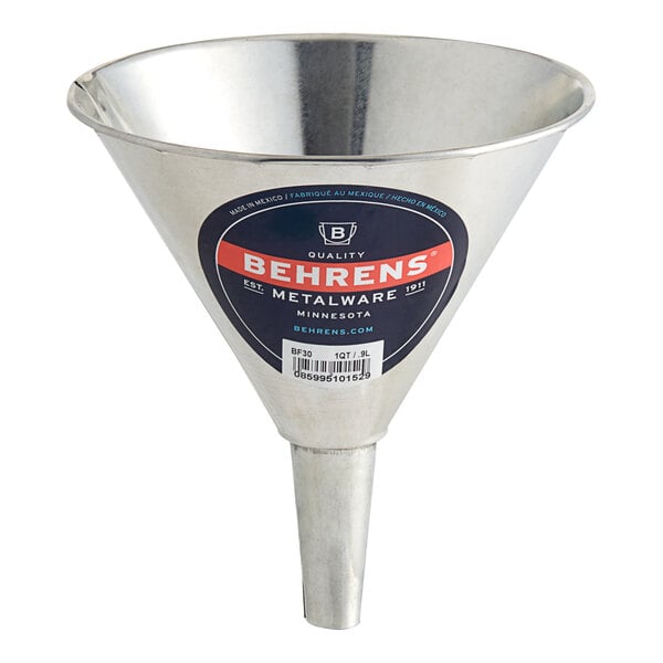 A Behrens metal funnel with a metal handle.