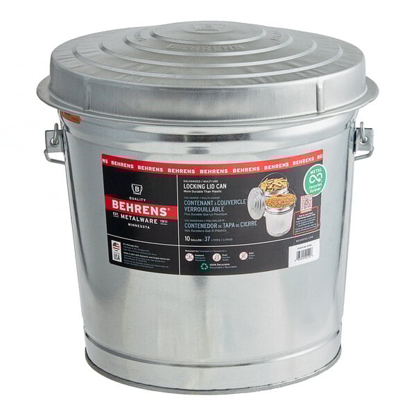 A silver metal Behrens 10 gallon storage can with a locking lid.