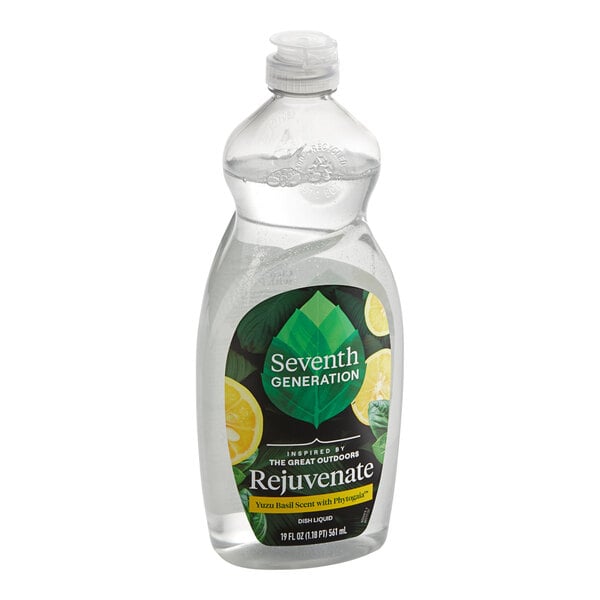 A bottle of Seventh Generation Yuzu Basil Dish Liquid on a counter.