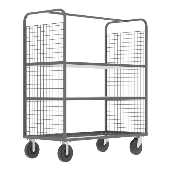 A gray Valley Craft stock picking cage cart with mesh on top and two shelves.