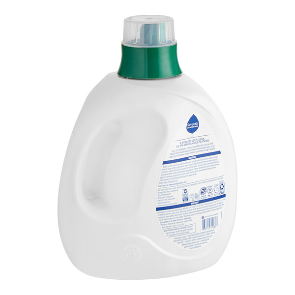 A white container of Seventh Generation Free & Clear Liquid Laundry Detergent with a green lid.
