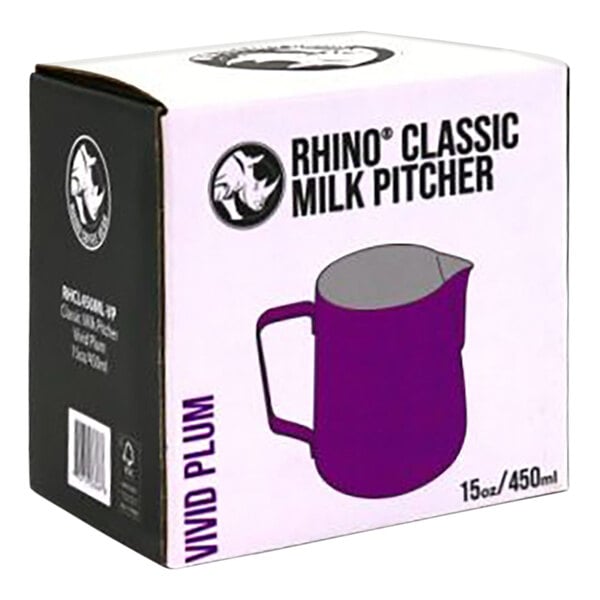 A black box with a white logo and a picture of a purple Rhino Classic milk pitcher.